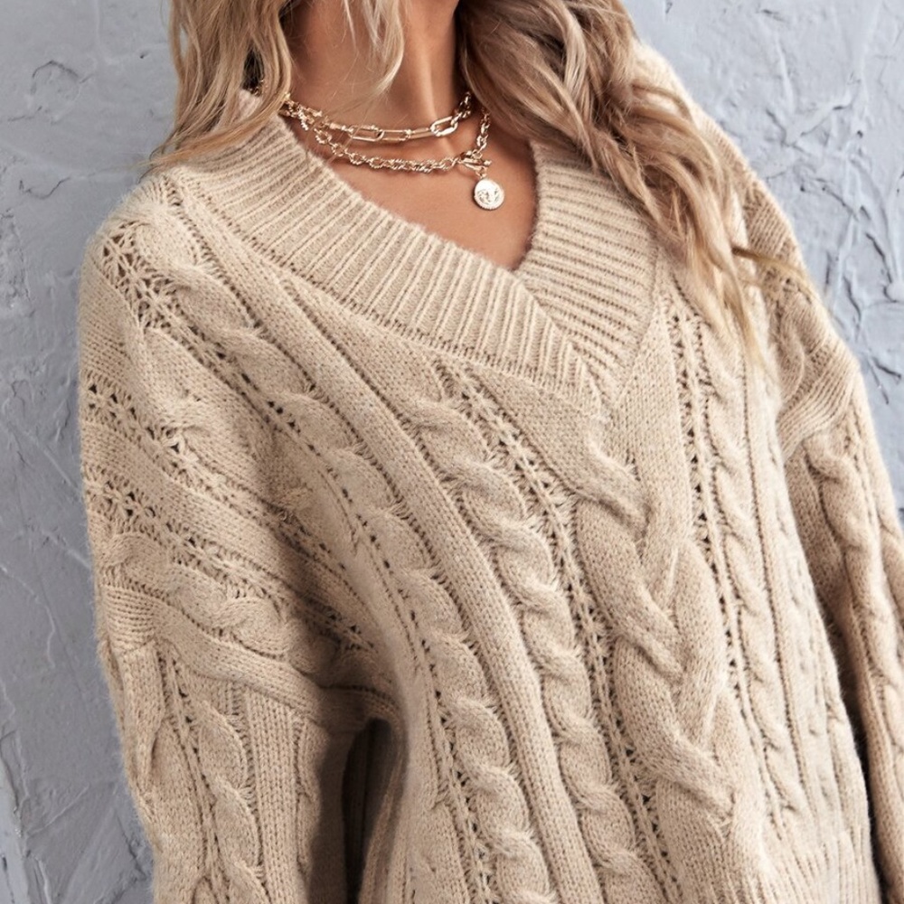 V neck Chunky Knit Cable Oversized Sweater Khaki - Picture 2 of 14